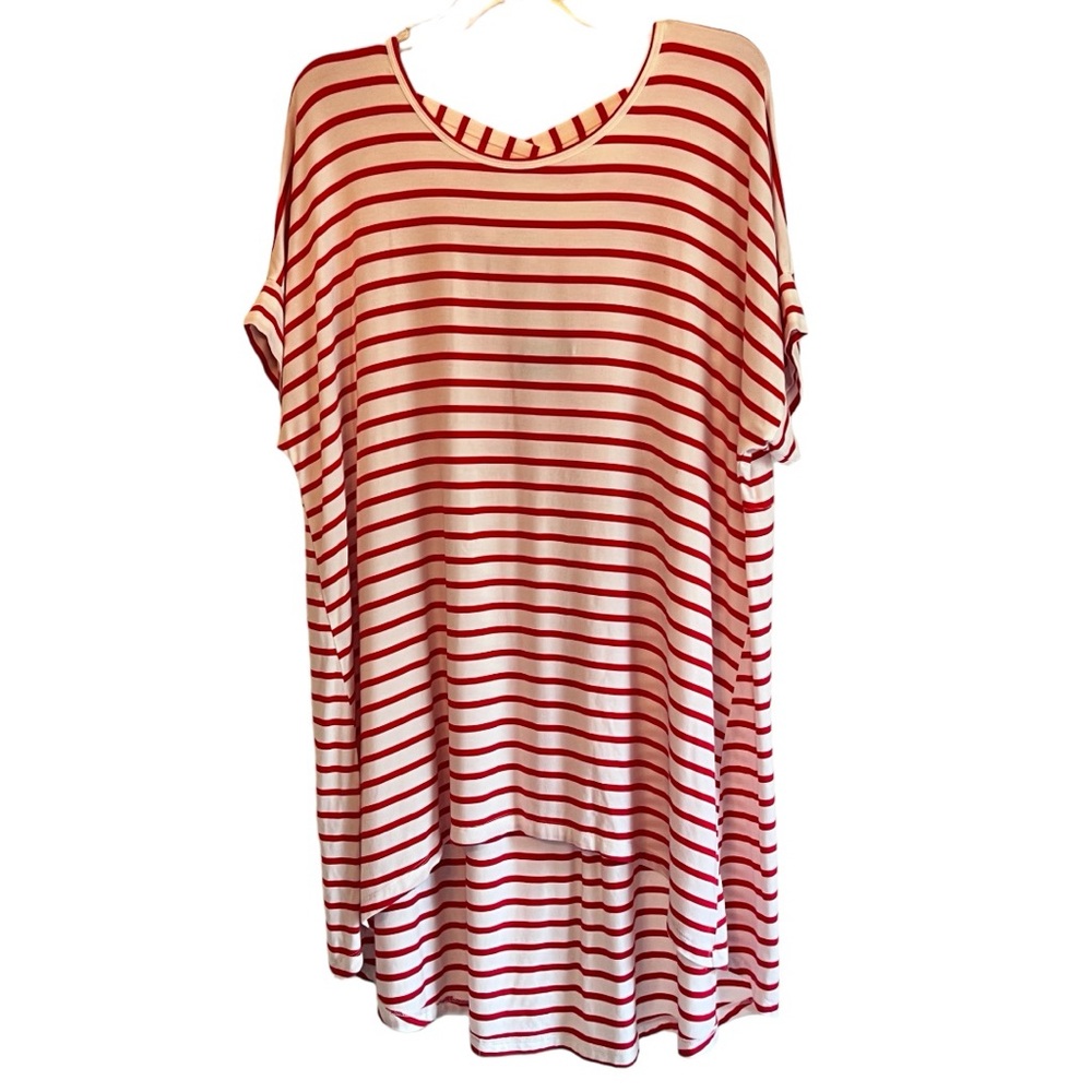 Women’s Cruel Denim Tee Shirt XXL Red White Striped Lattice Back Hi Lo